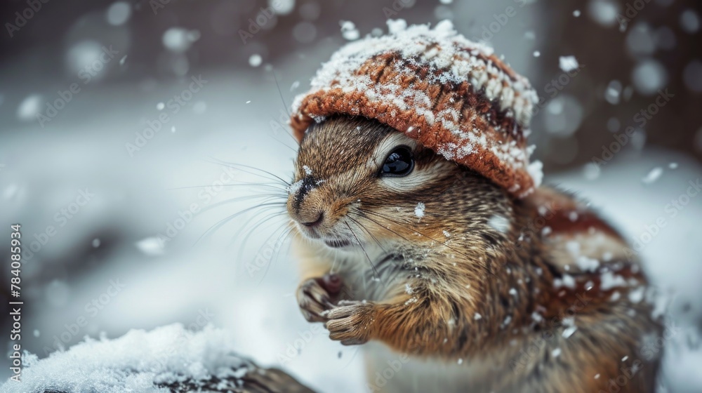 Obraz premium Cute squirrel wearing a knitted hat in snowy winter scene