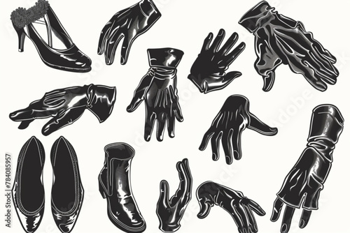 Vintage retro hands in gloves and feet in shoes. Comic retro feet and hands in different poses. Isolated mascot character elements of 1920 to 1950s. vector icon, white background, black colour icon photo