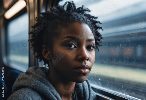 Portrait of a girl at the window in a subway car  photo