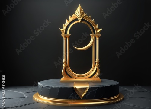 Golden Mystic Podium: Dark Elegant Showcase Illustration, Enigmatic Display of Wealth