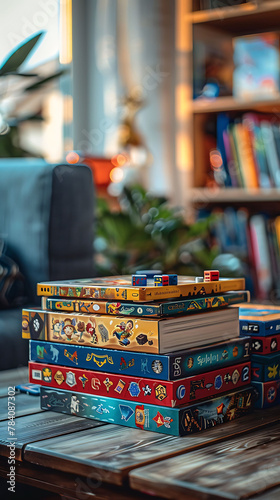 Macro shot of a stack of board games on a coffee table, scandinavian style interior