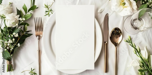 Menu, wedding invitation mock up. Beautiful table setting on gray linen tablecloth. Festive table setting for wedding dinner with pink spray roses and cabdle. AI generated illustration