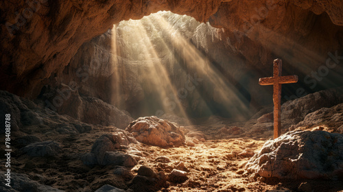 Cross in a dusty cave in the rays of sun photo