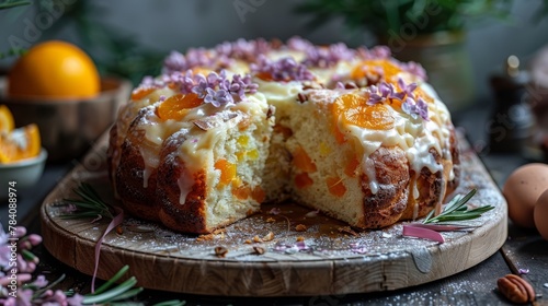  A cake, sliced, sits on a wooden platter Nearby, a bowl holds oranges