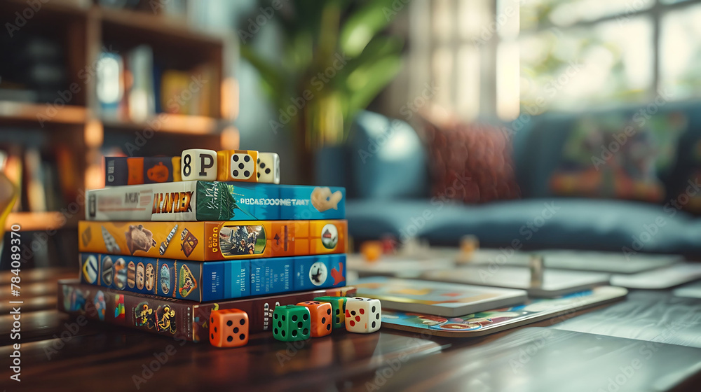 Macro shot of a stack of board games on a coffee table, modern interior design, scandinavian style hyperrealistic photography