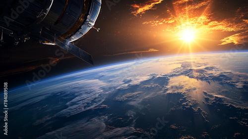 A breathtaking view of Earth from space, radiant sun emerges from behind planet, casting its golden glow upon delicate veil of atmosphere, part of a spacecraft graces the left side of the frame photo