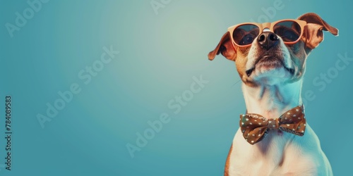 Stylish Dog with Sunglasses and Bow Tie, Pastel Blue Background, Pet Fashion Concept © Skyfe