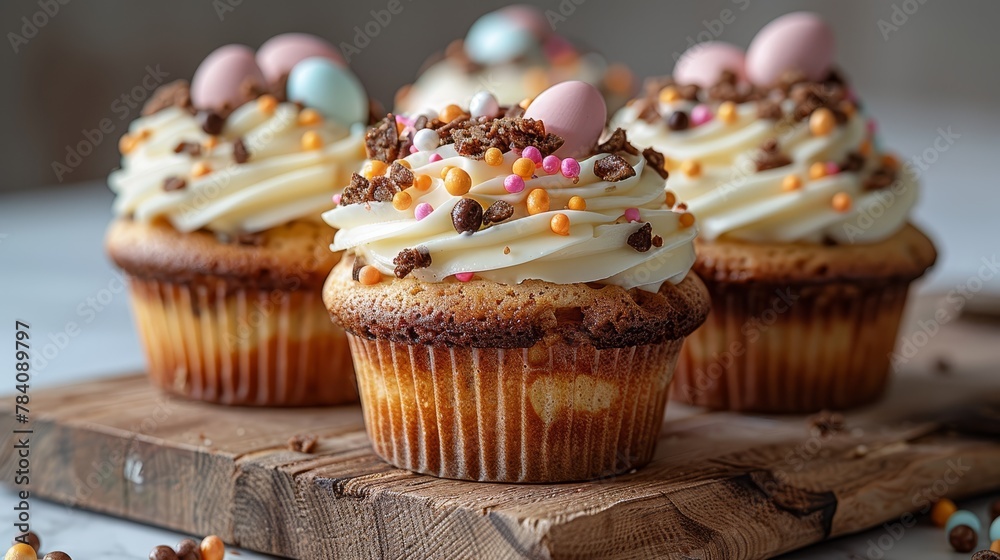 Three cupcakes, each topped with white frosting and colorful sprinkles, sit prominently on a cutting board Other cupcakes are visible in the background Three cupcakes, each topped with white frosting and colorful sprinkles, sit prominently on a cutting board Other cupcakes are visible in the background
