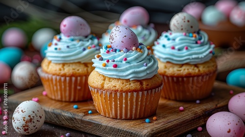  Three cupcakes, each topped with blue frosting and colorful sprinkles, occupy a cutting board Eggs rest in the background