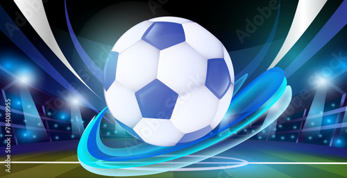 Soccer ball with dynamic blue swirls on an abstract stadium background  illustrating sports energy and excitement. Vector illustration