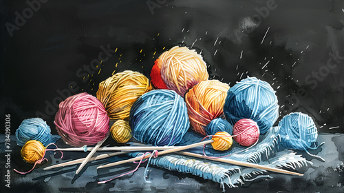 Watercolor style knitting balls of yarn