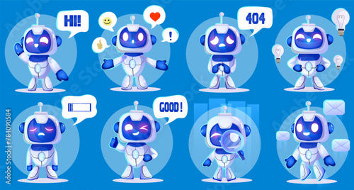 Various cute robots with different expressions and speech bubbles on a blue background, conveying a playful vibe. Vector illustration