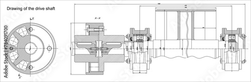 Assembly drawing of reducer.
Vector drawing of steel mechanical device with shaft, gear, 
electric engine, bolted connection and dimension lines. Engineering cad scheme. Technical template. 
