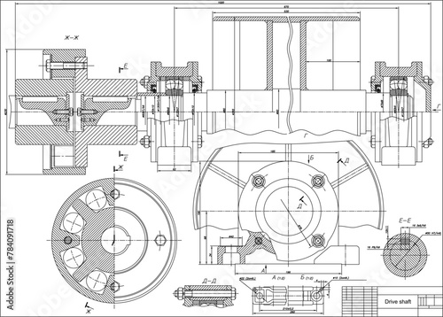 Assembly drawing of reducer.
Vector drawing of steel mechanical device with shaft, gear, 
electric engine, bolted connection and dimension lines. Engineering cad scheme. Technical template. 
