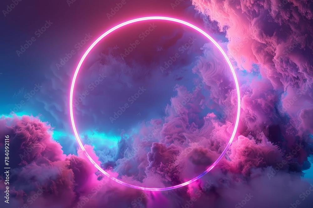 3d render of a pink blue neon light round frame with stormy clouds and copy space abstract minimal background digital ilustration