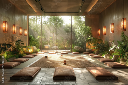 tranquil indoor garden yoga studio with natural light and lush greenery photo