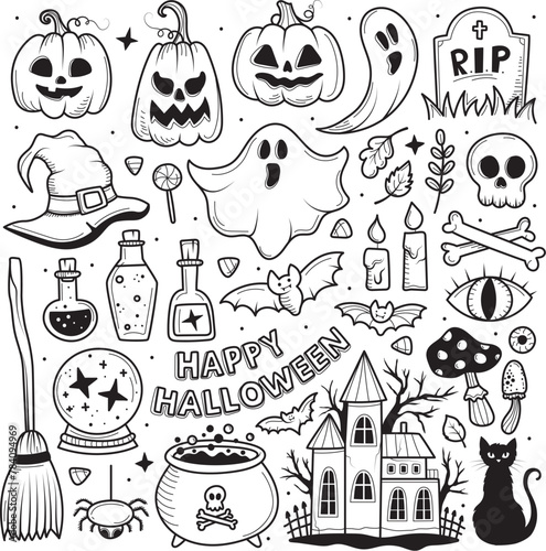 A set of Halloween themed doodles. Ghosts, pumpkins, potions, cat
