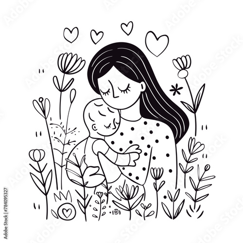 Vector line art Mother with her child with flower background