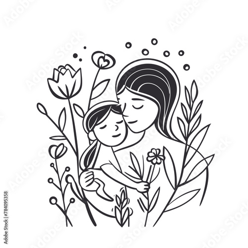 Vector line art Mother with her child with flower background