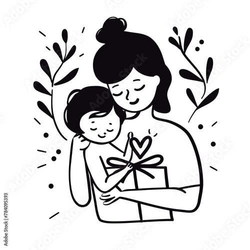 Vector line art Mother with her child with flower background
