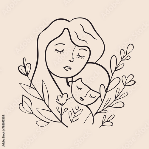Vector line art Mother with her child with flower background