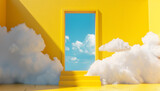 Disegno astratto. Nuvole accanto a una porta gialla. Cielo azzurro al di là della porta.