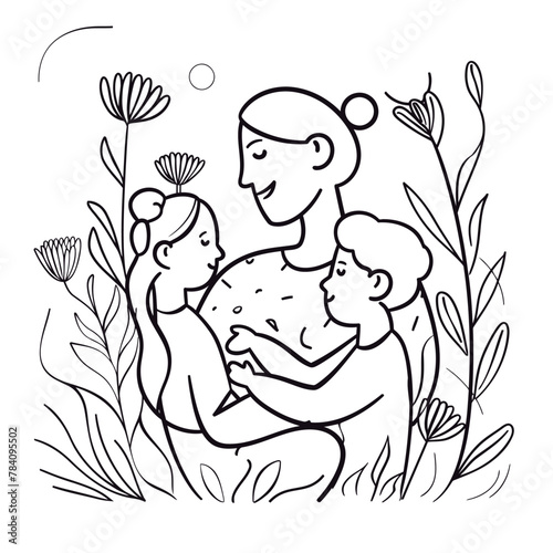 Vector line art Mother with her child with flower background