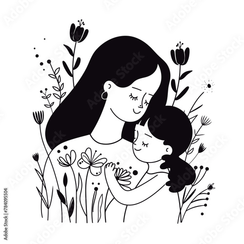 Vector line art Mother with her child with flower background