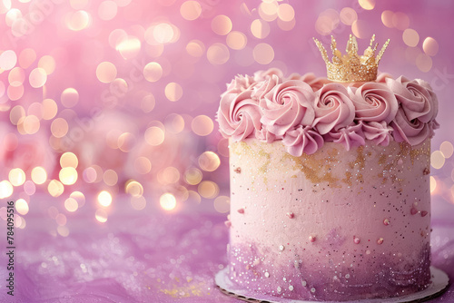 pink  and violet princess birthday cake with golden crown and glitter