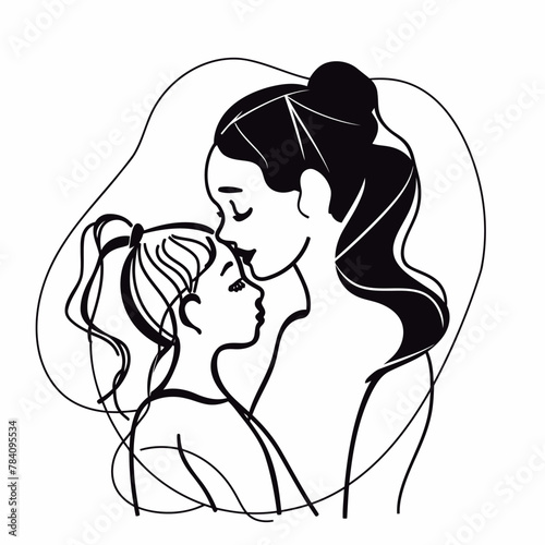 Vector line art Mother with her child with flower background