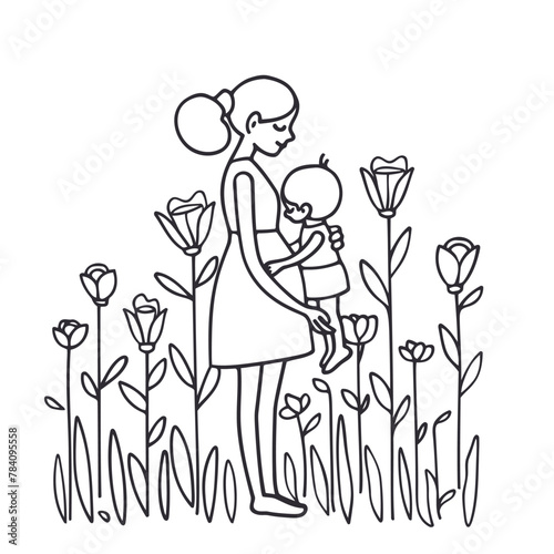 Vector line art Mother with her child with flower background