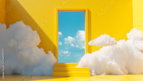 Disegno astratto. Nuvole accanto a una porta gialla. Cielo azzurro al di là della porta. photo
