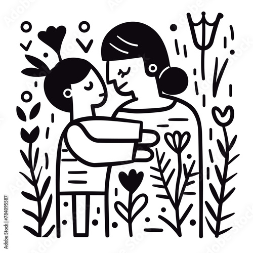 Vector line art Mother with her child with flower background
