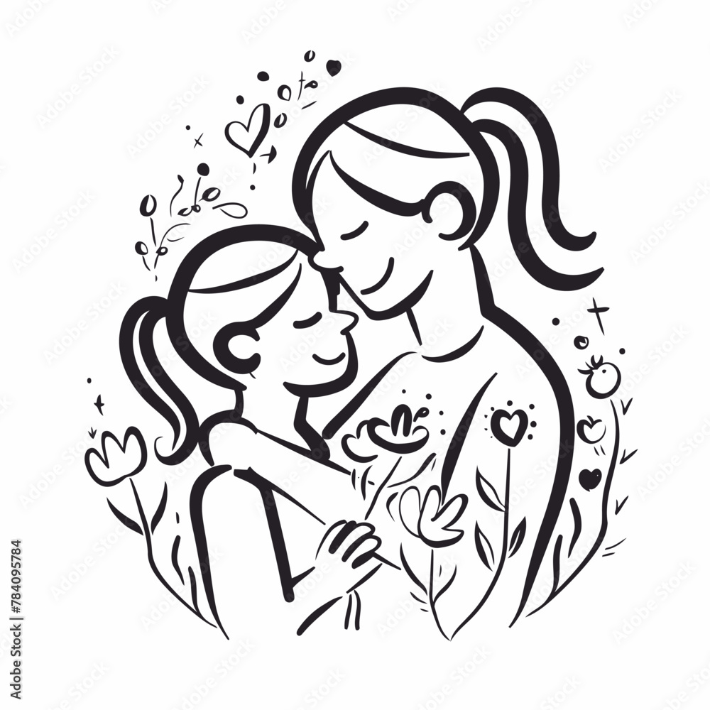 Vector line art Mother with her child with flower background