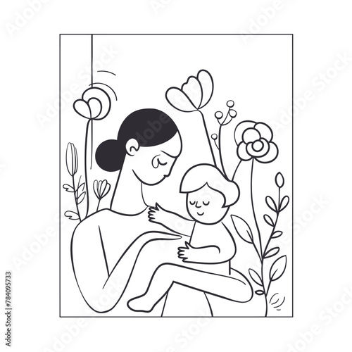 Vector line art Mother with her child with flower background