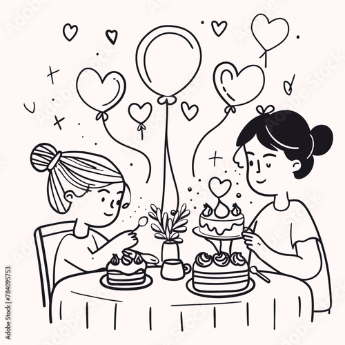 Vector line art Mother with her child with flower background