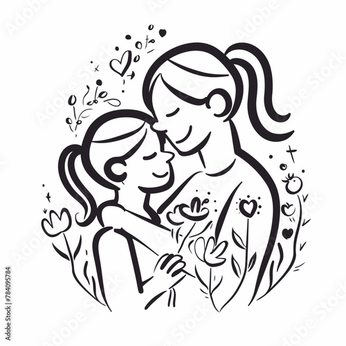 Vector line art Mother with her child with flower background