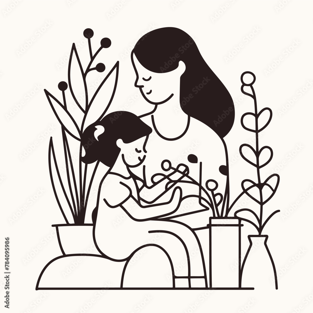 Vector line art Mother with her child with flower background Vector line art Mother with her child with flower background