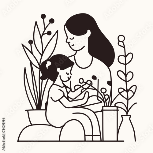 Vector line art Mother with her child with flower background