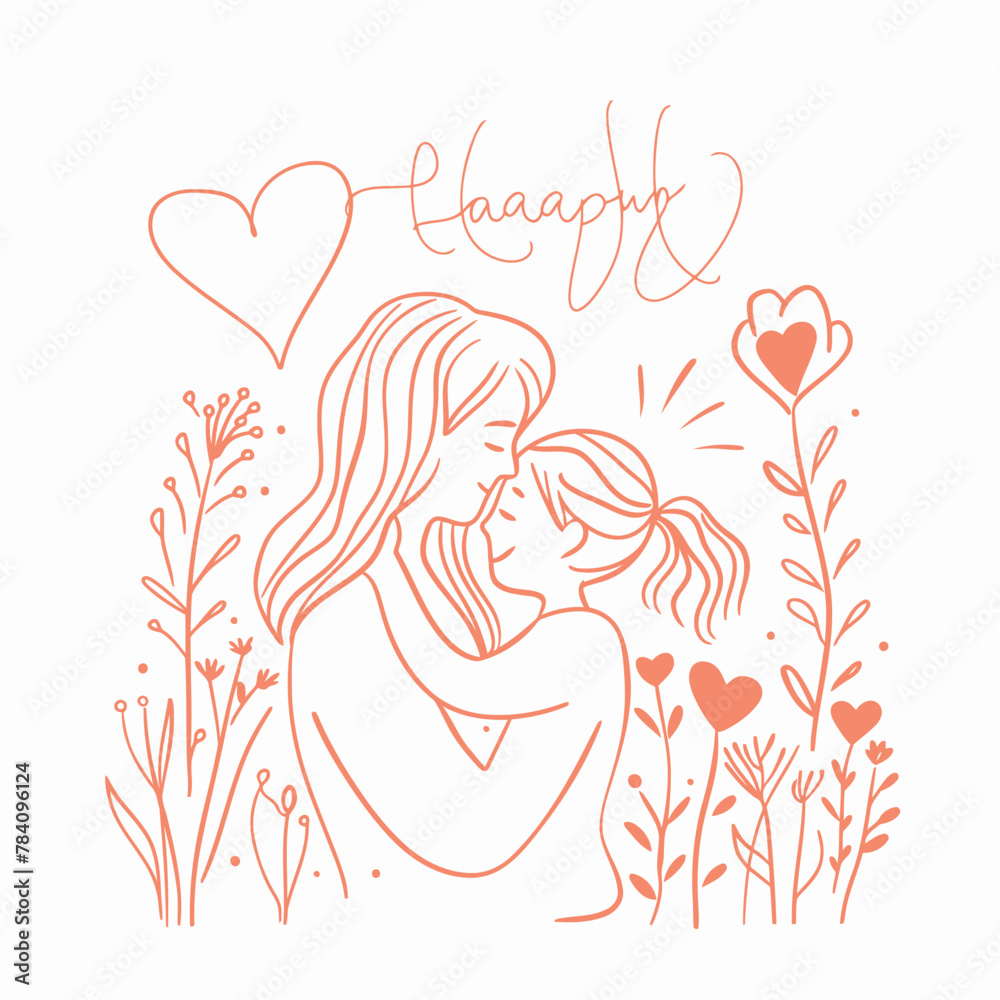 Vector line art Mother with her child with flower background Vector line art Mother with her child with flower background