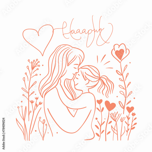 Vector line art Mother with her child with flower background