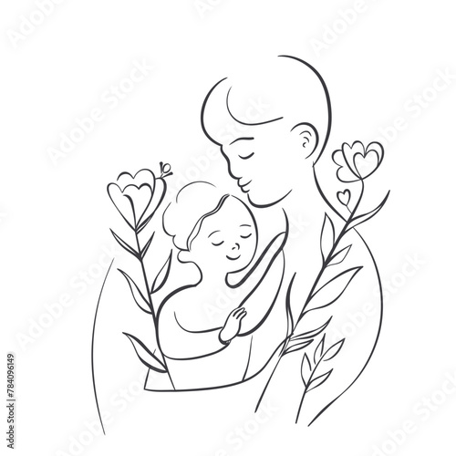 Vector line art Mother with her child with flower background