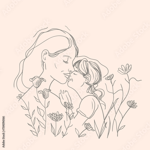 Vector line art Mother with her child with flower background