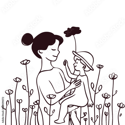 Vector line art Mother with her child with flower background