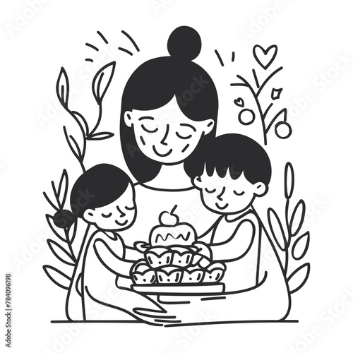Vector line art Mother with her child with flower background