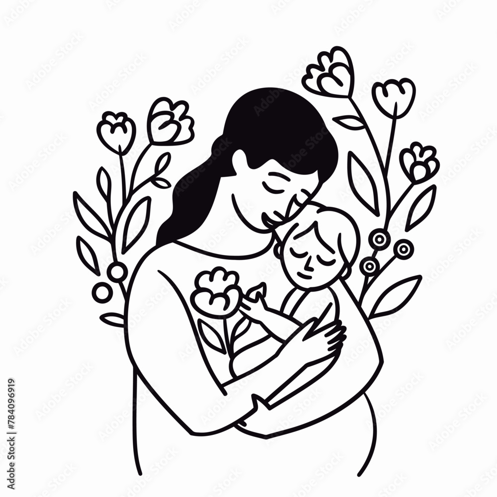 Vector line art mother and kid with flowers Vector line art mother and kid with flowers