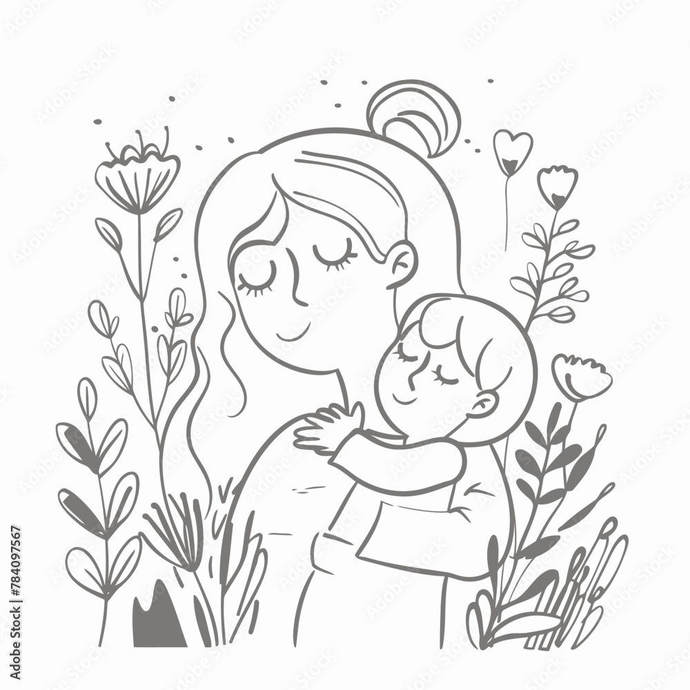 Vector line art mother and kid with flowers Vector line art mother and kid with flowers