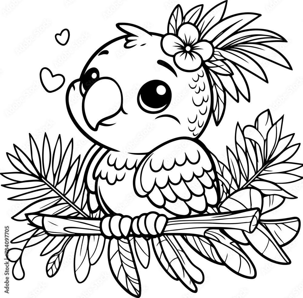 Cute little parrot black outline children coloring book.