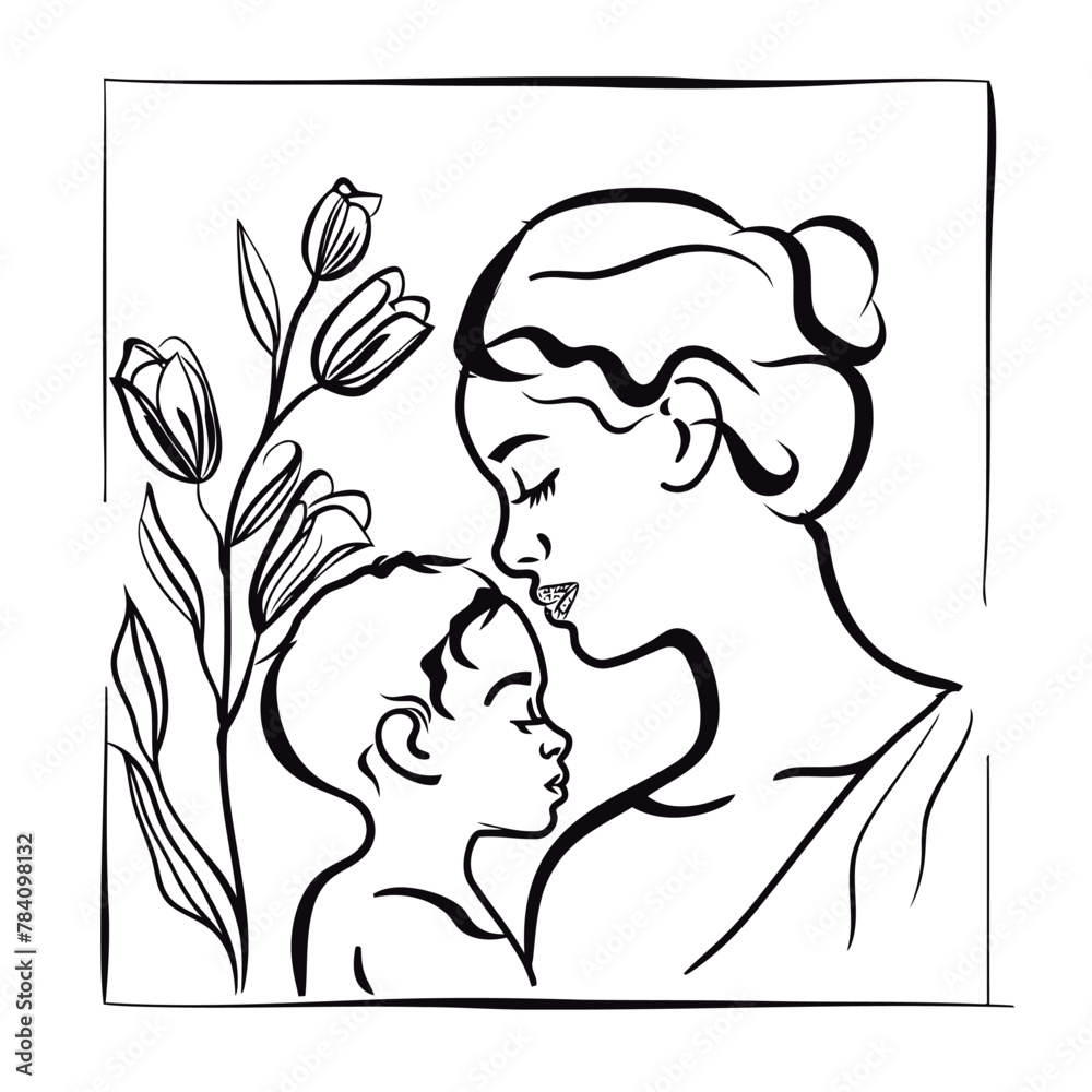 Vector line art mother and kid with flowers