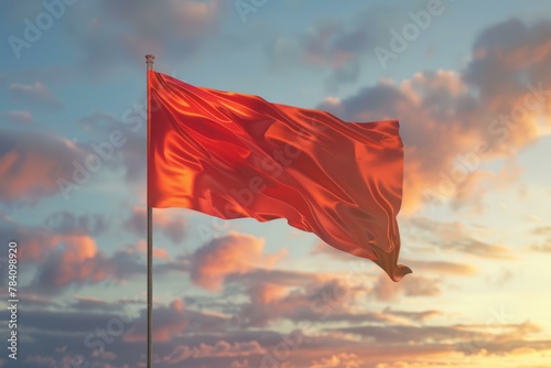 Vibrant Red Flag Waving Against Sunset Sky, Symbolism Concept photo